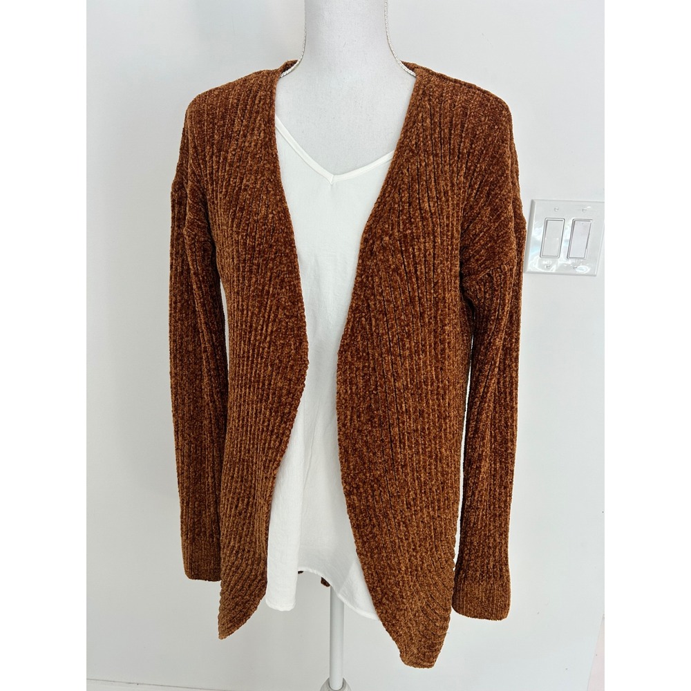 JustFab Cognac Brown Chenille Ribbed Open Front Cardigan Sweater Medium